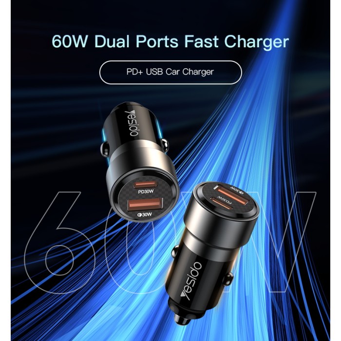 Yesido Y54 60W Fast Charging Car Charger | With TC to iPhone cable
