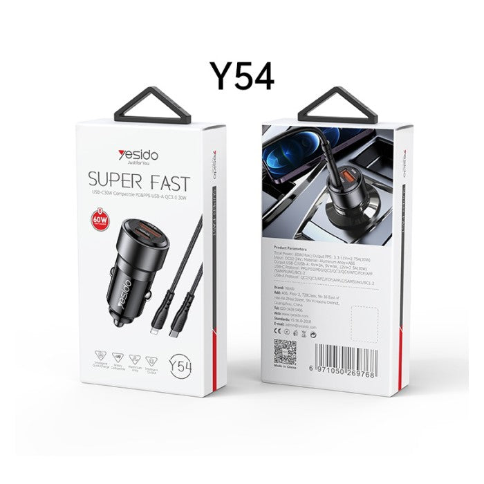 Yesido Y54 60W Fast Charging Car Charger | With TC to iPhone cable