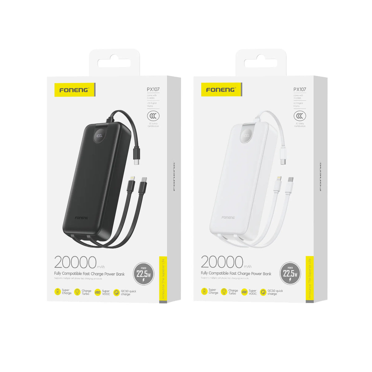 Foneng PX107 20000mAh Power Bank with 3 Built-in Cables (22.5W)