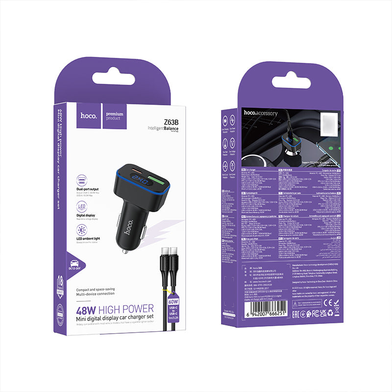 Hoco Z63B Barry 48W PD 30W QC3.0 Digital Display Car Charger Set USB C to Type C