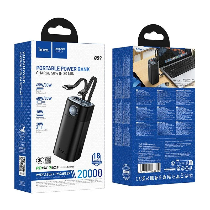 Hoco Q59 Chispeante 20000mAh Power Bank – PD 65W + QC3.0 Fast Charging, 2 Built-In Braided Cables, Digital Display, Laptop/Tablet/Phone