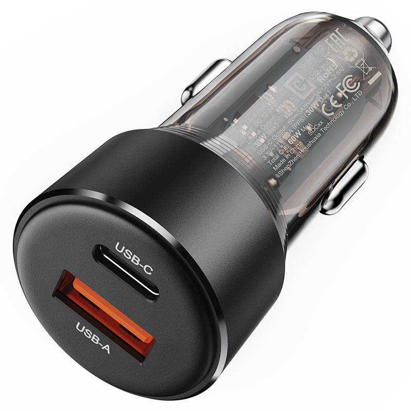 Fast Charge Car Charger B12 60W (1xUSB-C + 1xUSB-A)