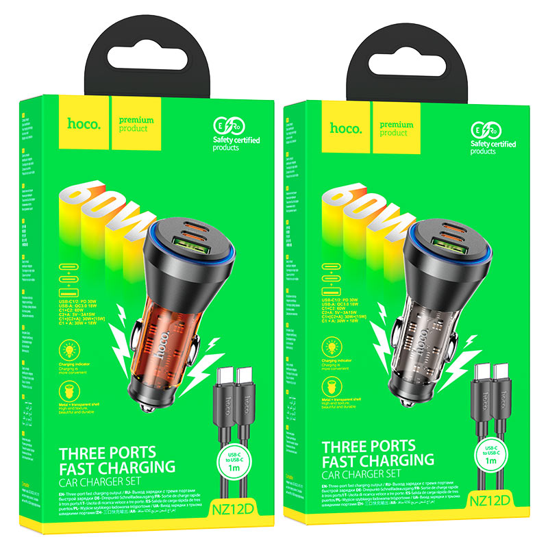 Hoco Car charger “NZ12D” 60W cable set Lightning